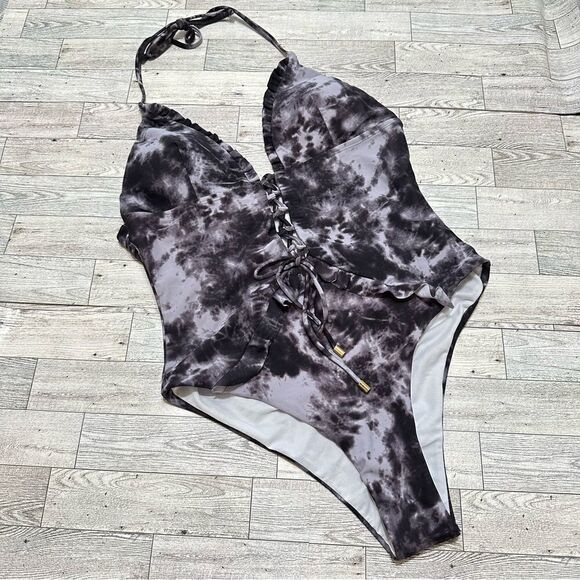 NWOT TIE DYE LACE UP RUFFLE TRIM PLUNGING HALTER PADDED ONE PIECE SWIMSUIT LARGE - Picture 4 of 12